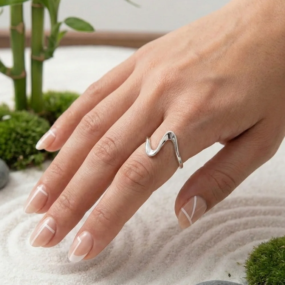 Silver Wave Ring 18K White Gold Plated Dainty Stylish Stainless Steel